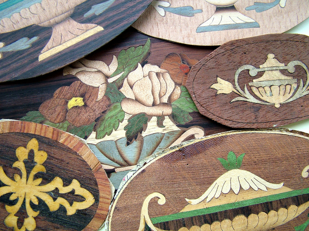 Marquetry inlays dating from the early 20th century