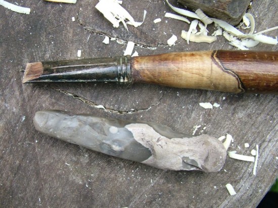 Bronze Age chisel alongside neolithic flint chisel